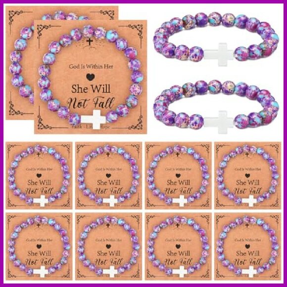 12-Piece Stretch Bracelet Set with Religious Cards, Natural Stone Beads - Picture 2 of 8